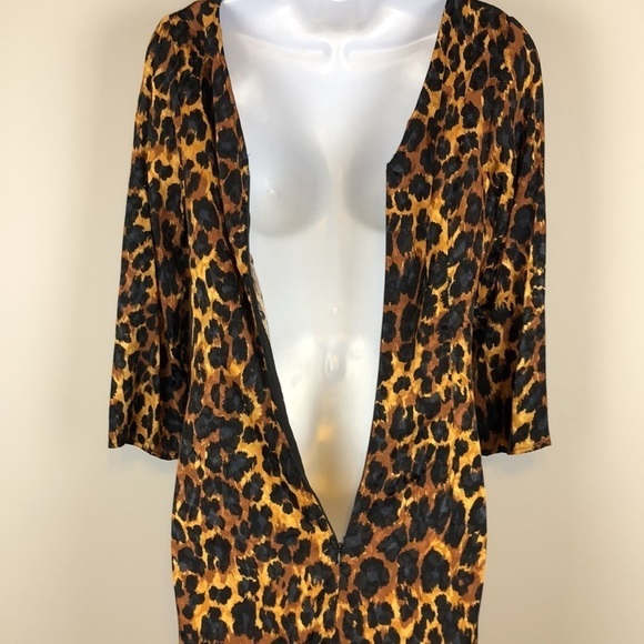 Zara Ruched Leopard V-Neck 3/4 Long Sleeve Bodycon Satin Textured M Mini Dress - Picture 8 of 16